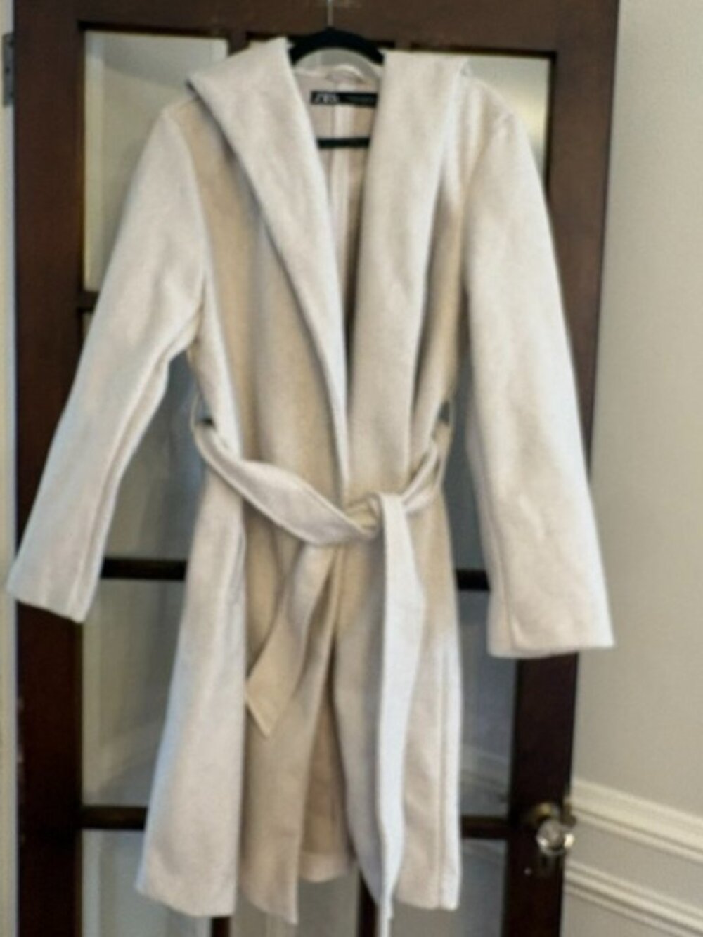Zara Hooded Belted Coat in Greige, Size Large